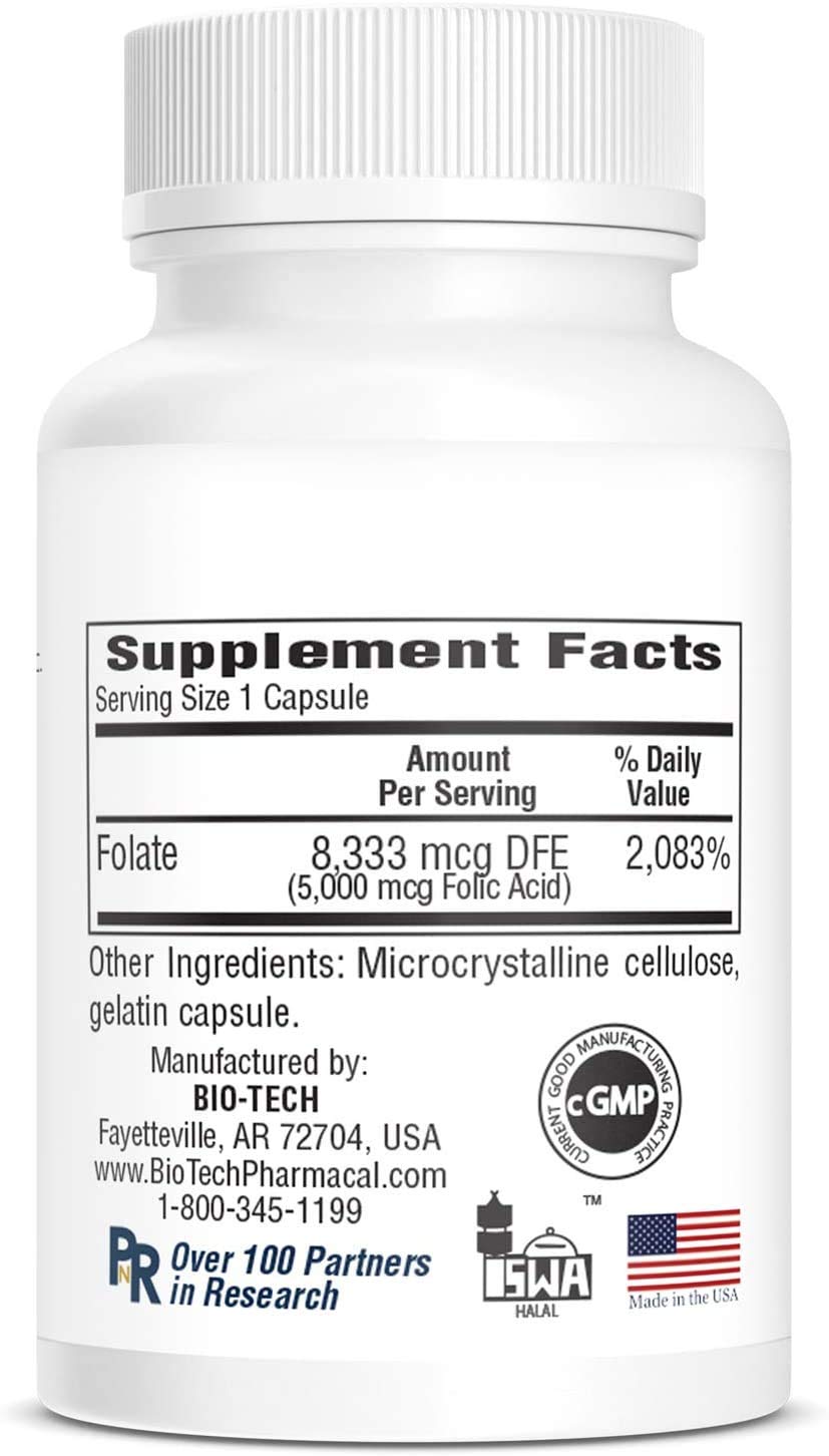 Bio-Tech Pharmacal Acide Folique 5mg vue arrière de l'emballage