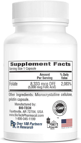 Bio-Tech Pharmacal Acide Folique 5mg vue arrière de l'emballage