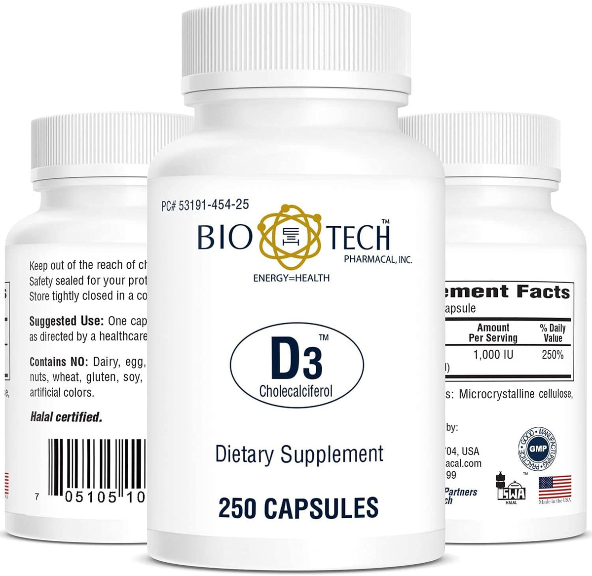 Bio-Tech Pharmacal D3 1 000 UI 250 capsules étiquette détaillée
