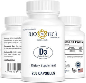 Bio-Tech Pharmacal D3 1 000 UI 250 capsules étiquette détaillée