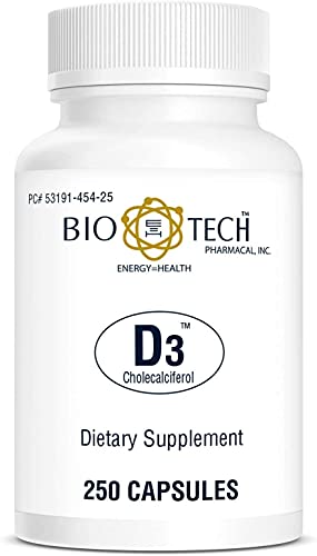 Bio-Tech Pharmacal D3 1 000 UI 250 capsules ouvertes avec une capsule visible