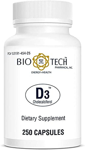 Bio-Tech Pharmacal D3 1 000 UI 250 capsules ouvertes avec une capsule visible