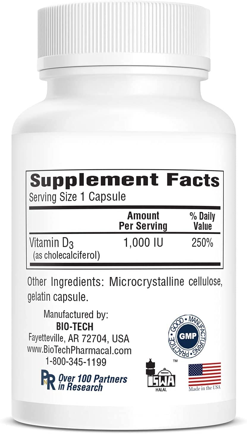 Bio-Tech Pharmacal D3 1 000 UI 250 capsules sur une table
