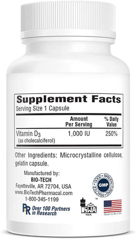 Bio-Tech Pharmacal D3 1 000 UI 250 capsules sur une table