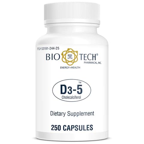 Bio-Tech Pharmacal D3-5 5000 UI 250 Capsules - flacon sur fond blanc