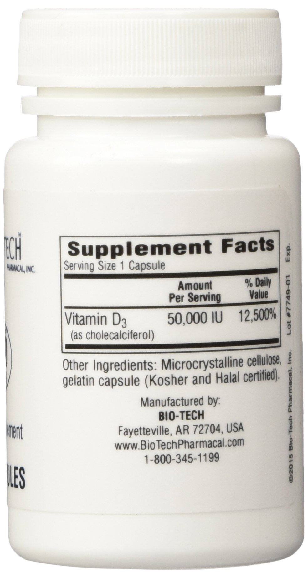 Bio-Tech Pharmacal D3-50 50 000 UI 100 Capsules vue de dos