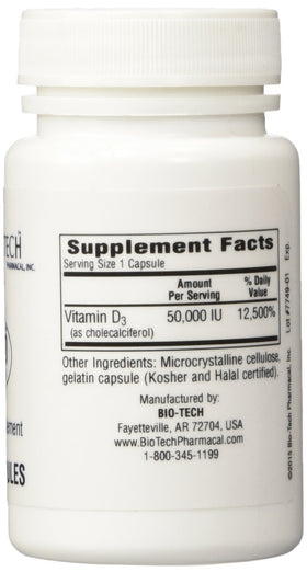 Bio-Tech Pharmacal D3-50 50 000 UI 100 Capsules vue de dos