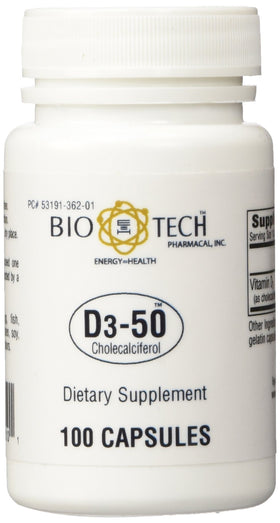 Bio-Tech Pharmacal D3-50 50 000 UI 100 Capsules vue de face