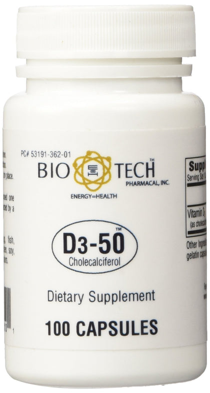 Bio-Tech Pharmacal D3-50 50 000 UI 100 Capsules vue de face