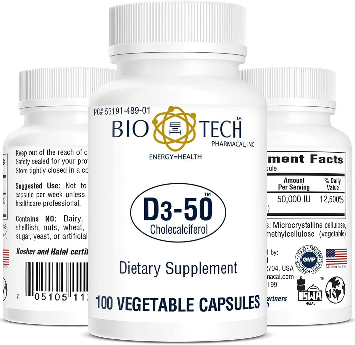 Bio-Tech Pharmacal D3-50 50 000 UI capsules végétales en gros plan