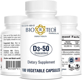 Bio-Tech Pharmacal D3-50 50 000 UI capsules végétales en gros plan