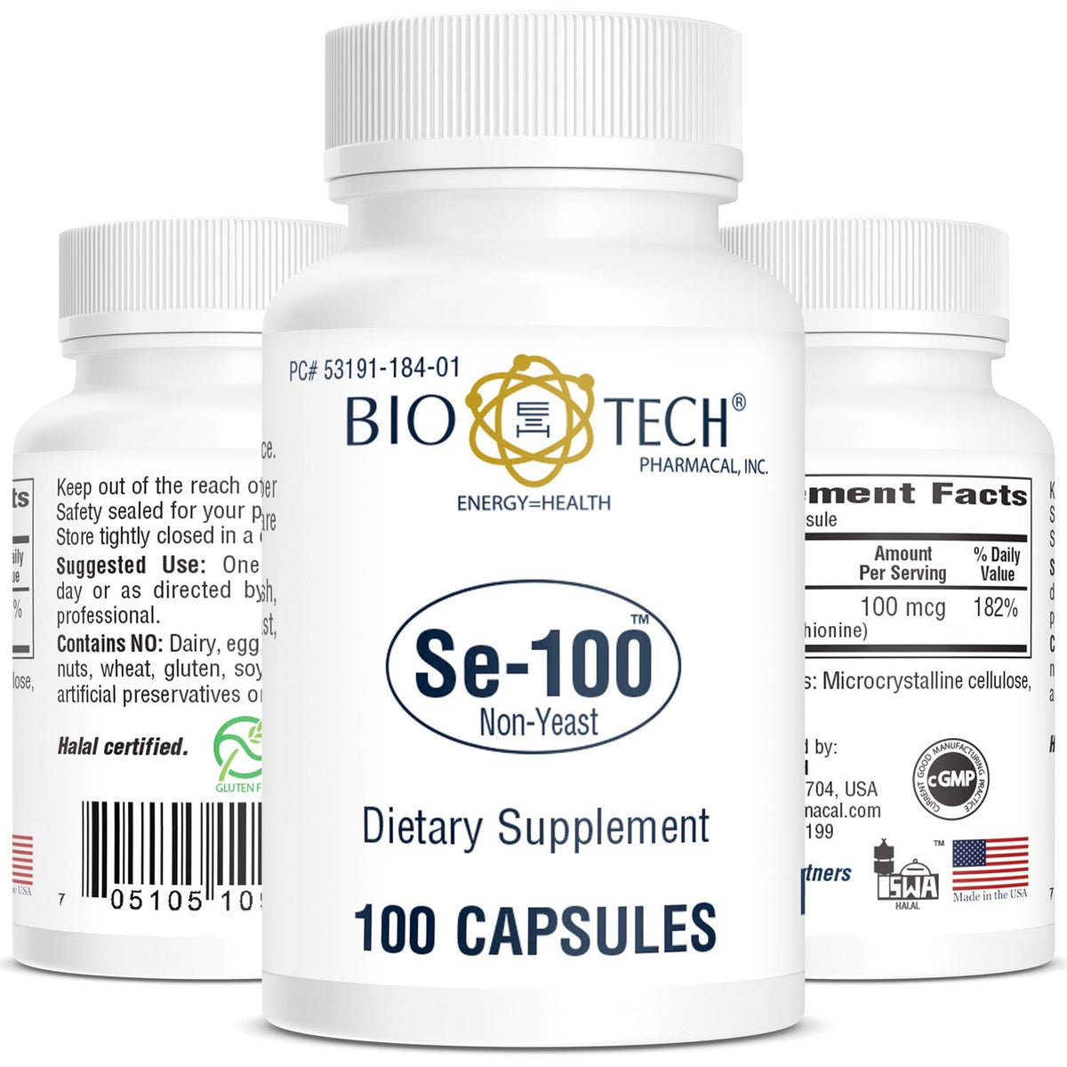 Bio-Tech Pharmacal Se-100 gélules de sélénium, vue de côté