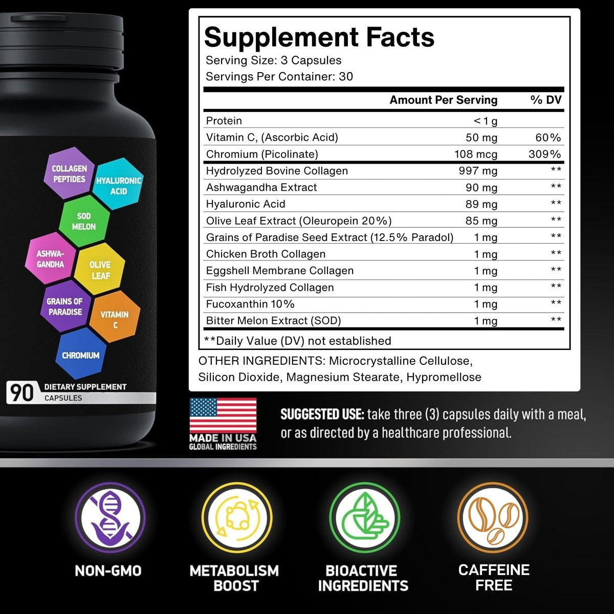 BIOACTIVE LABS Multi Collagen Burn 90 capsules avec un verre d'eau