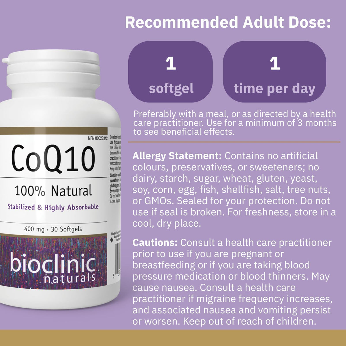 Bioclinic Naturals CoQ10 400 mg 30 Softgels back view