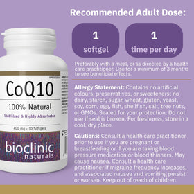 Bioclinic Naturals CoQ10 400 mg 30 Softgels back view