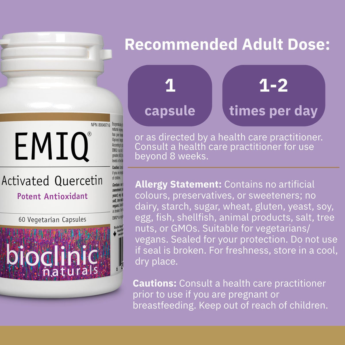 Bioclinic Naturals EMIQ Quercétine 60 gélules avec étiquette détaillée