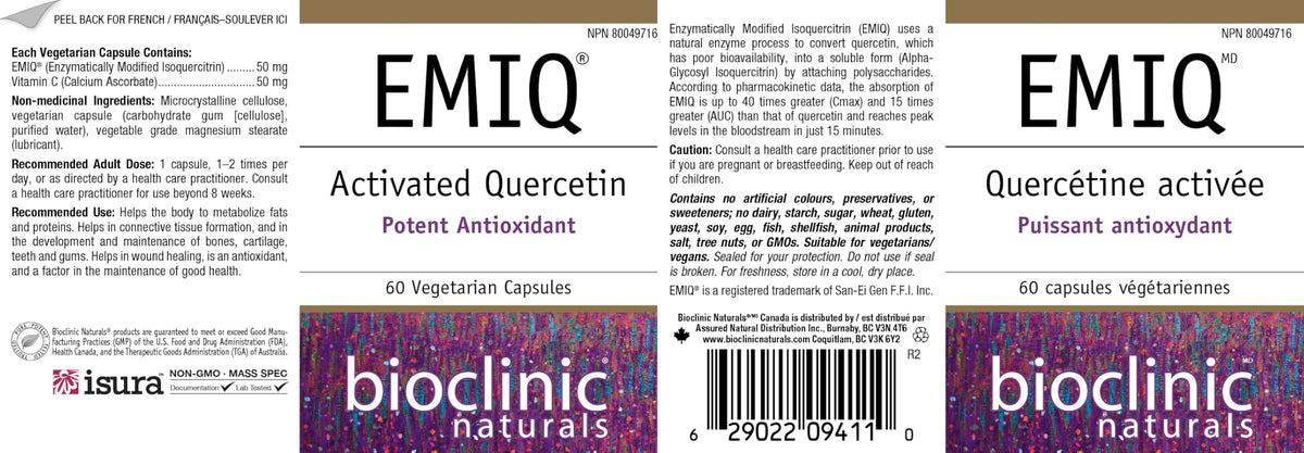Bioclinic Naturals EMIQ Quercétine 60 gélules avec ingrédients listés