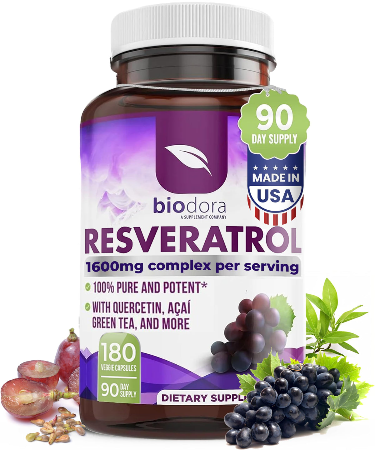 Biodora Resvératrol 1600mg 180 capsules vue de face
