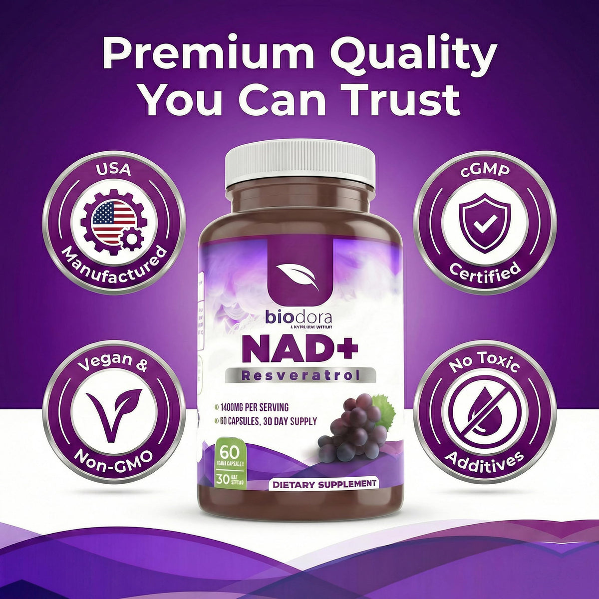 Biodora Resvératrol NAD+ 1400mg contenant ouvert avec capsules