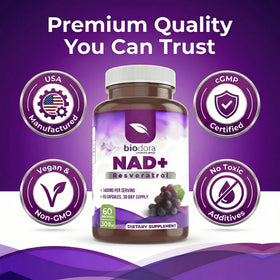 Biodora Resvératrol NAD+ 1400mg contenant ouvert avec capsules