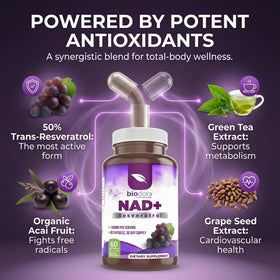 Biodora Resvératrol NAD+ 1400mg sur un fond naturel