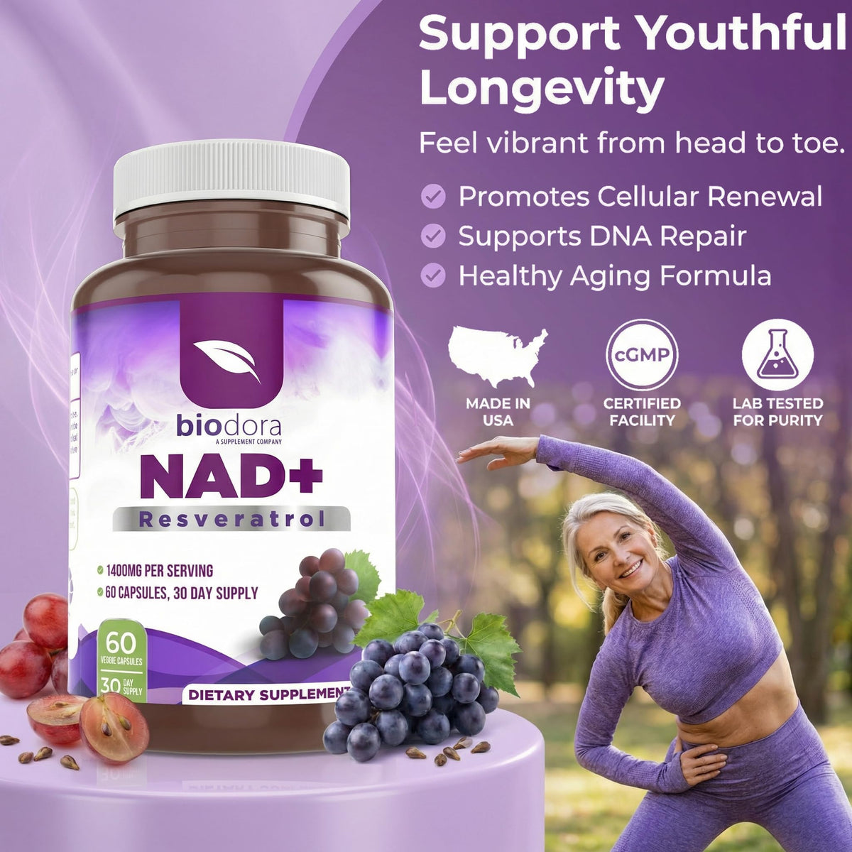 Biodora Resvératrol NAD+ 1400mg vue arrière de l'emballage