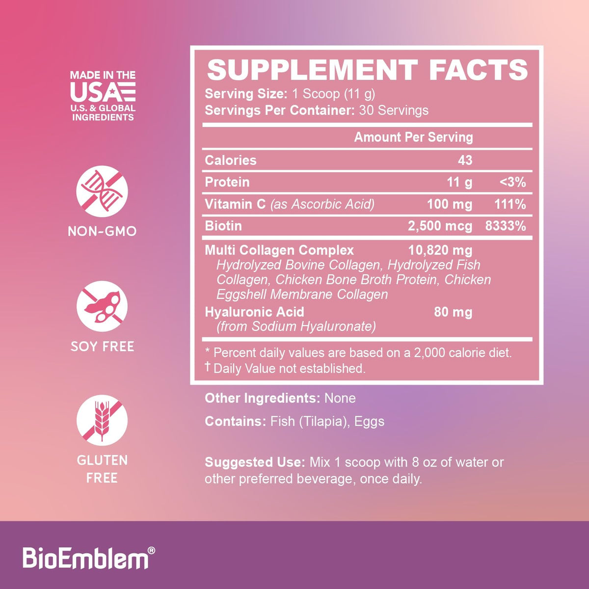 BioEmblem Collagène Multi Complex 30 Portions en poudre dans un verre