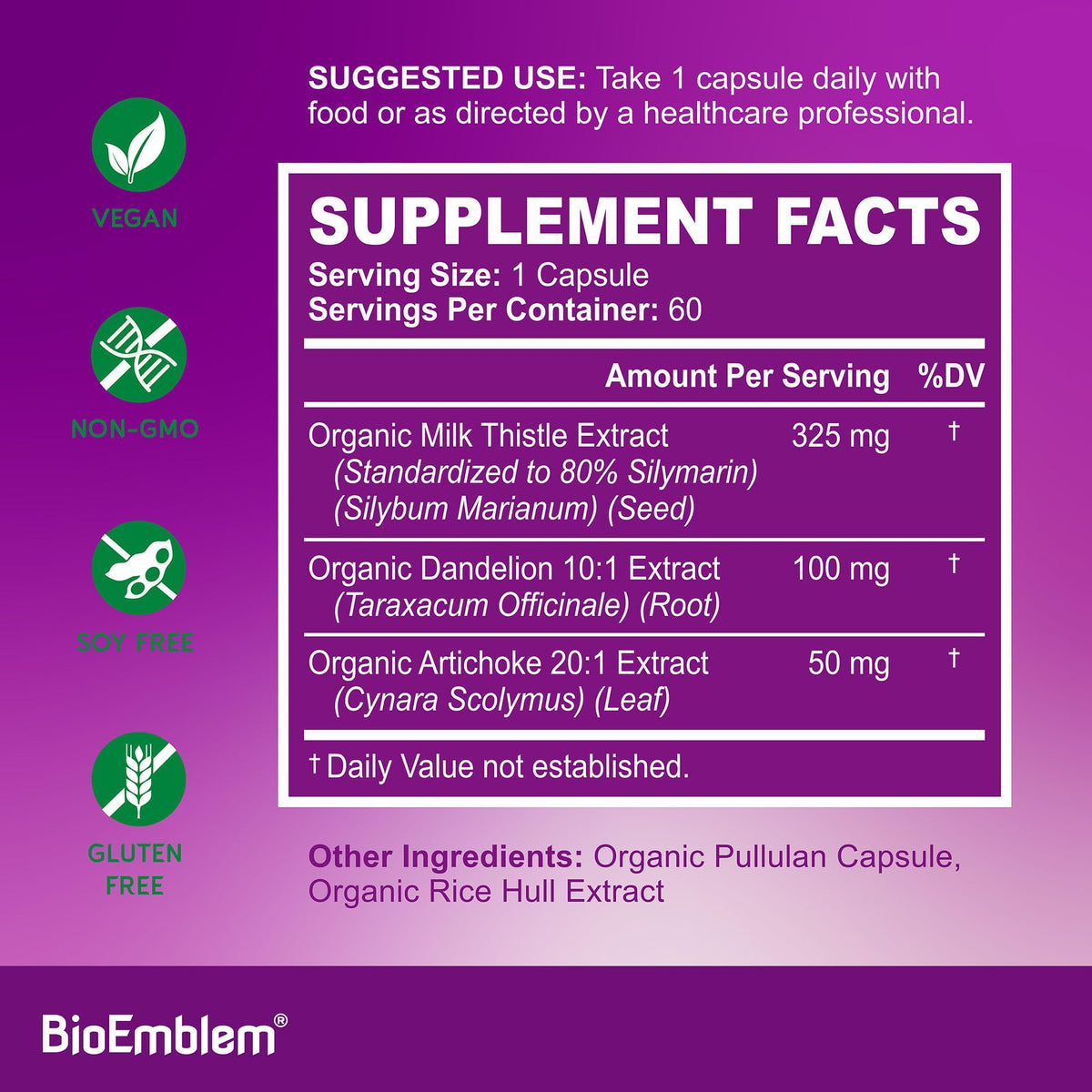 BioEmblem Complément Alimentaire 80% Silymarine étiquette avec ingrédients