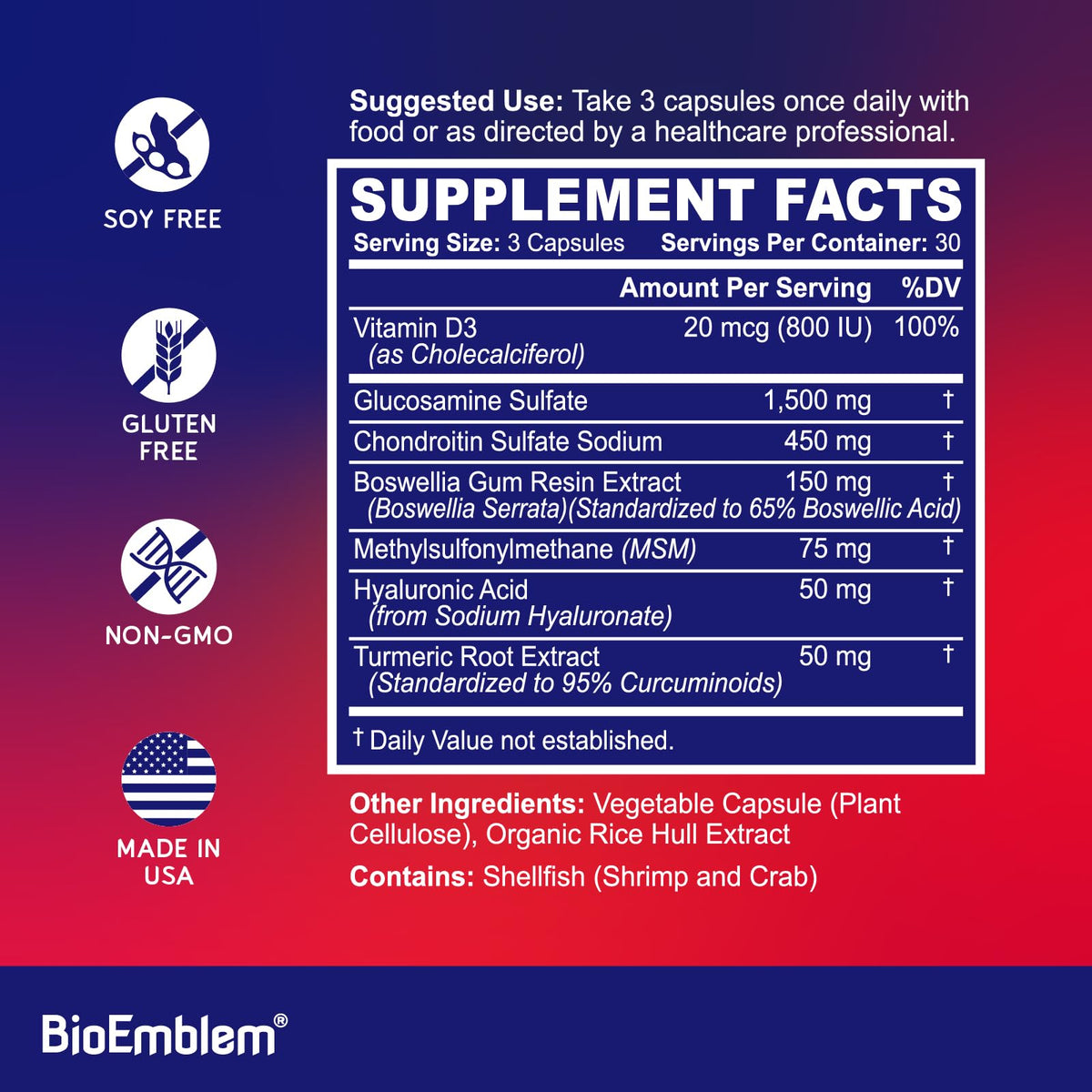 BioEmblem Complément Alimentaire Chondroïtine Glucosamine 1500mg avec extraits naturels