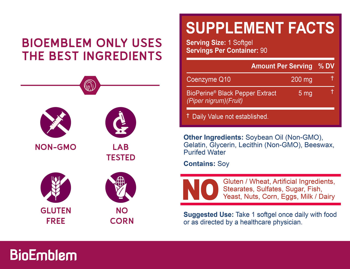 BioEmblem CoQ10 200mg gélules molles sur fond blanc