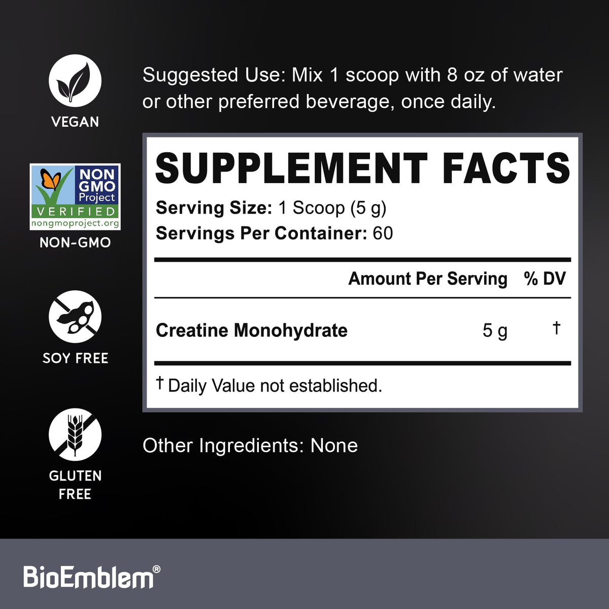 BioEmblem créatine monohydrate en poudre vue de côté
