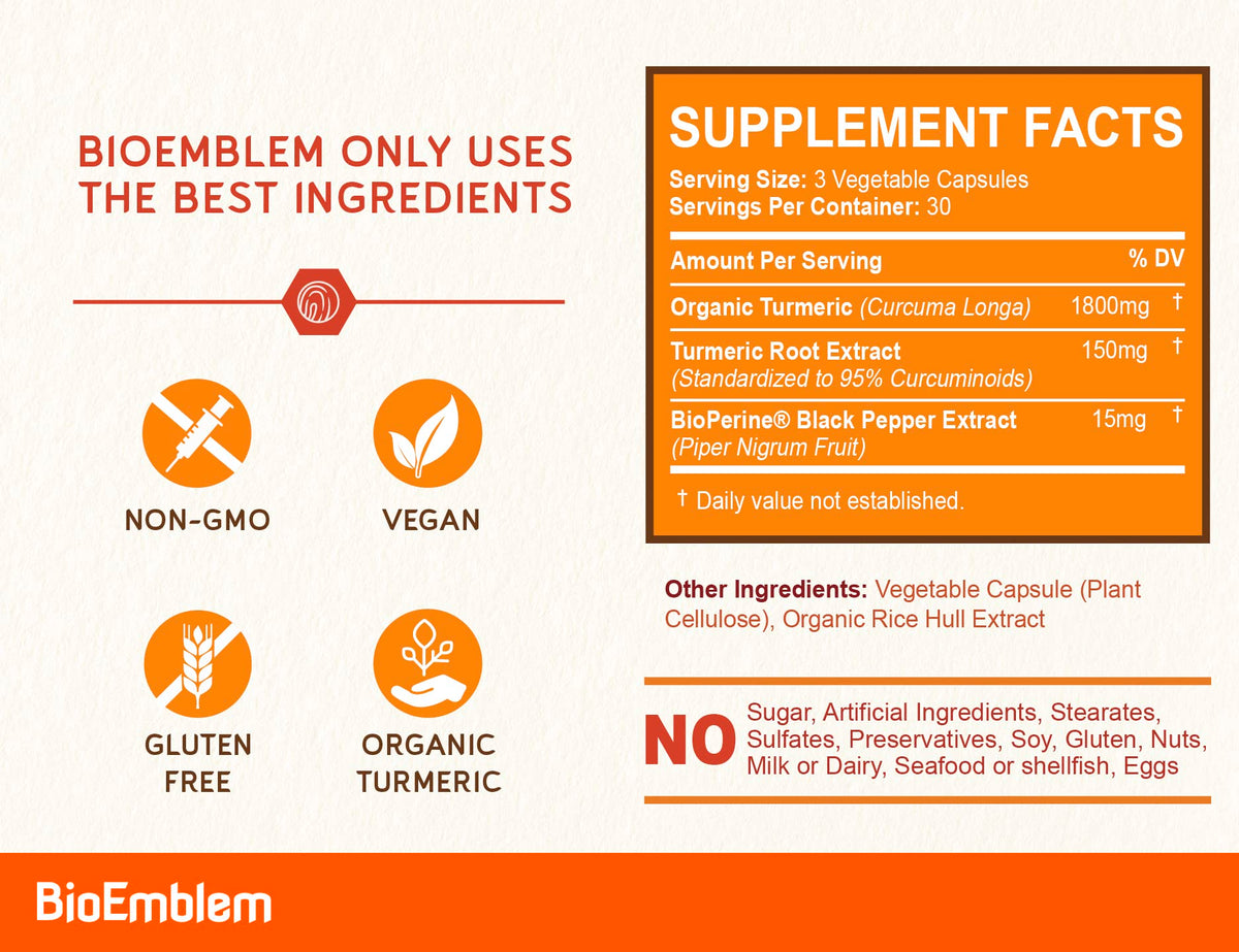 BioEmblem Curcuma Curcumin capsules sur une table