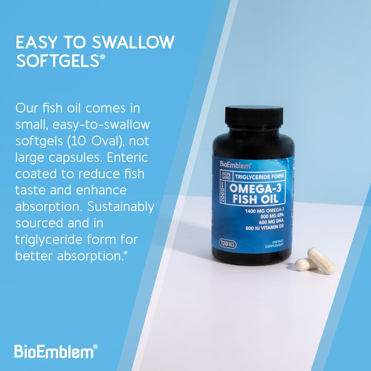 BioEmblem Huile de Poisson Omega-3 2000mg vue de côté