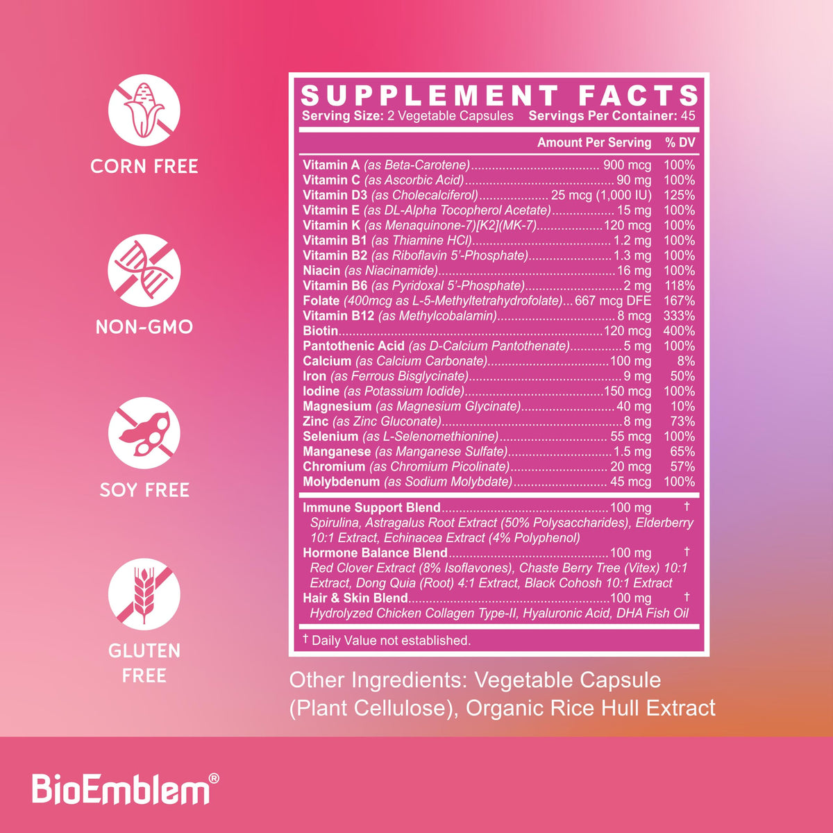 BioEmblem Multivitamine Femme, vue de côté du flacon