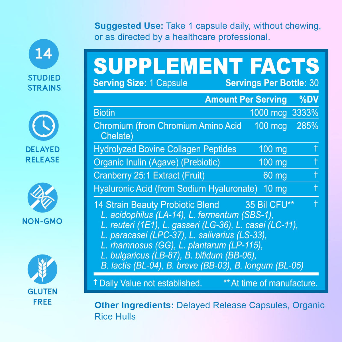 BioEmblem Probiotiques Beauté Femme étiquette avec informations nutritionnelles