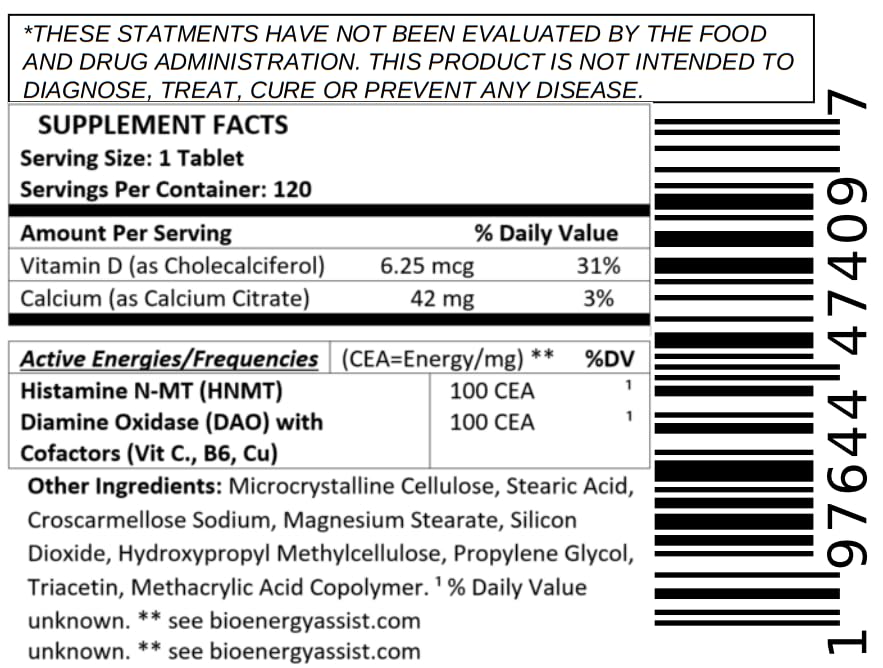 BioEnergyLife Histamine Control comprimés avec étiquette