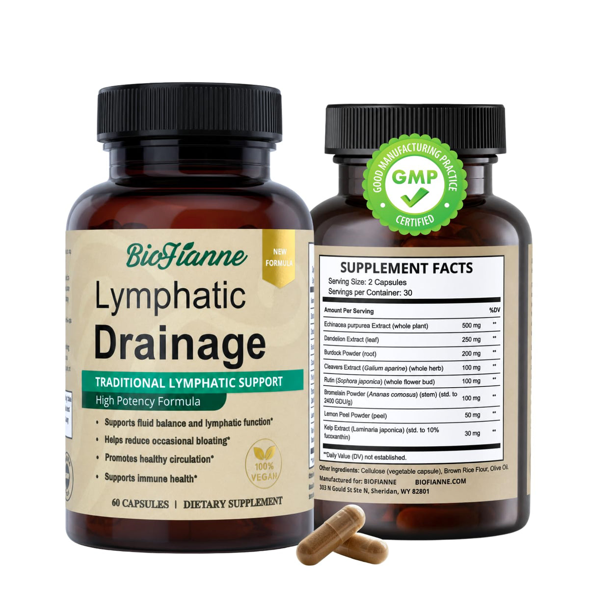 BioFianne Compléments Alimentaires Drainage Lymphatique 60 Capsules, vue de face