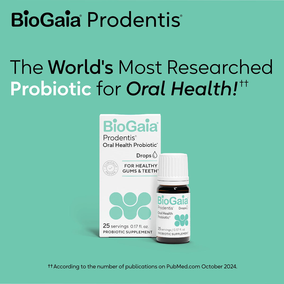 BioGaia Prodentis gouttes probiotiques sur un fond coloré