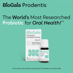 BioGaia Prodentis gouttes probiotiques sur un fond coloré