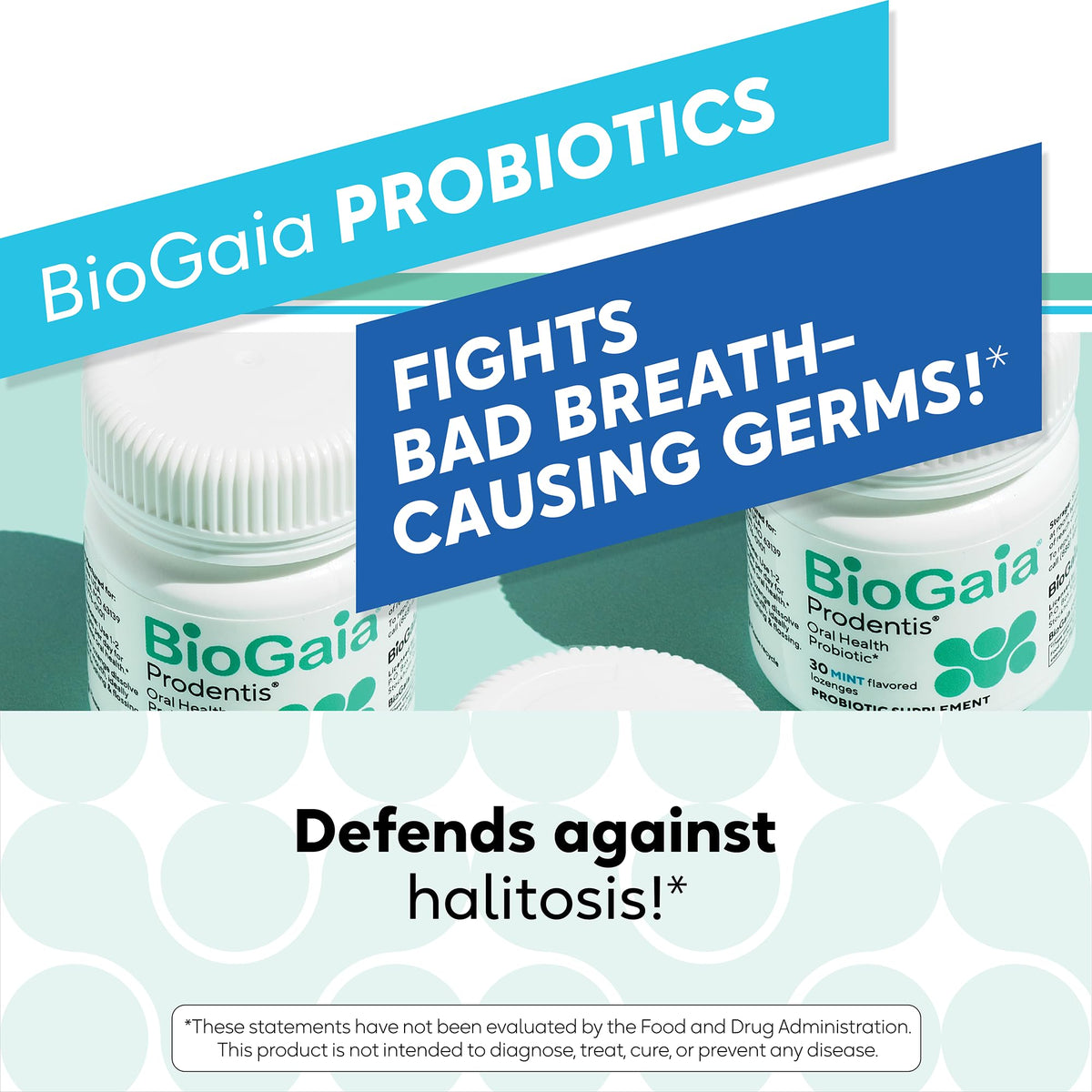 BioGaia Prodentis produit sur une table avec un verre d'eau