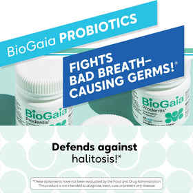 BioGaia Prodentis produit sur une table avec un verre d'eau