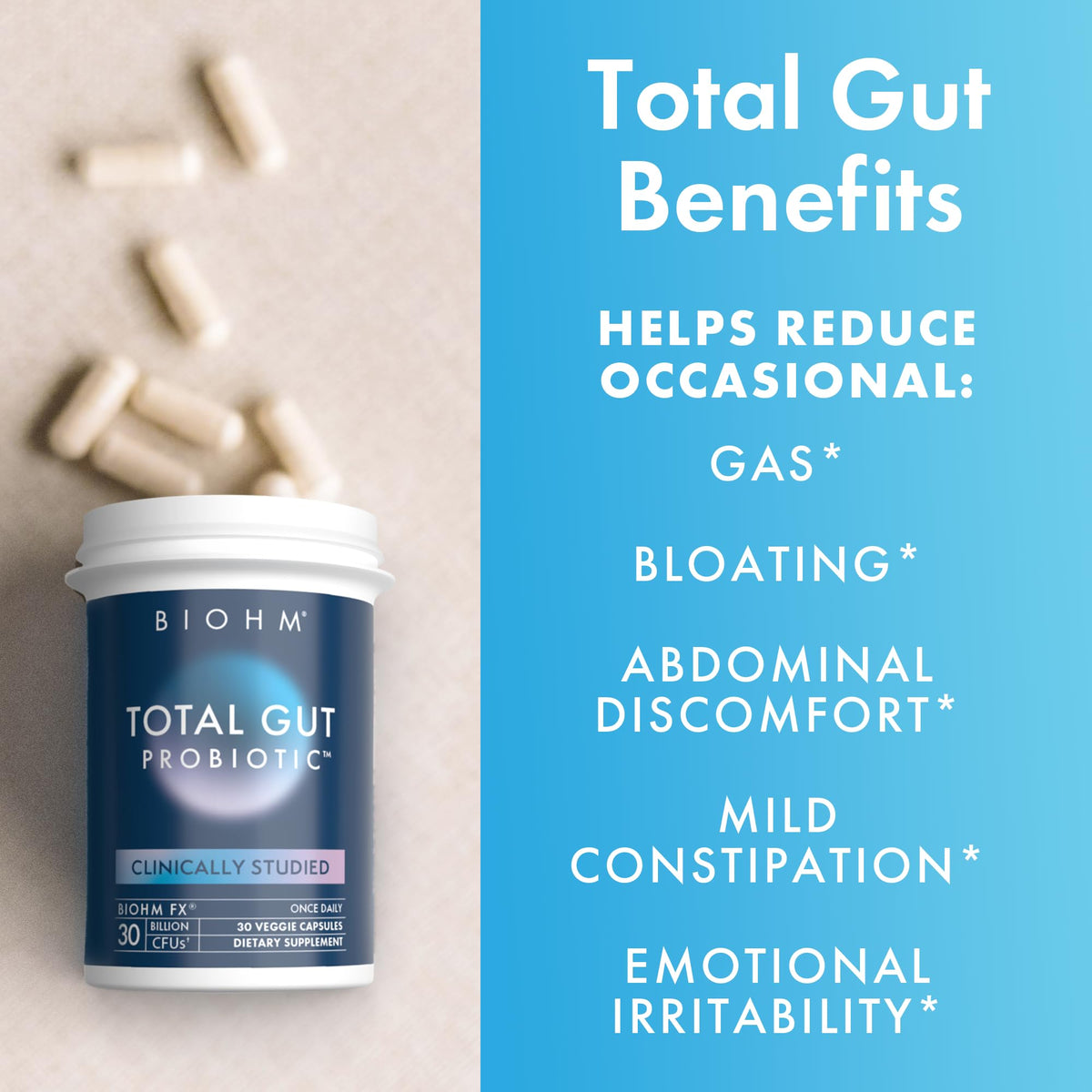 BIOHM Total Probiotic capsules avec un verre d'eau