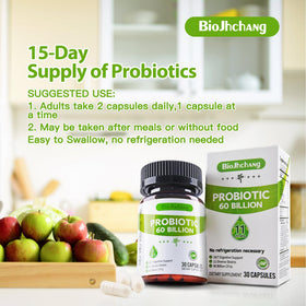 BioJhchang Probiotiques 60 milliards CFU capsules sur table