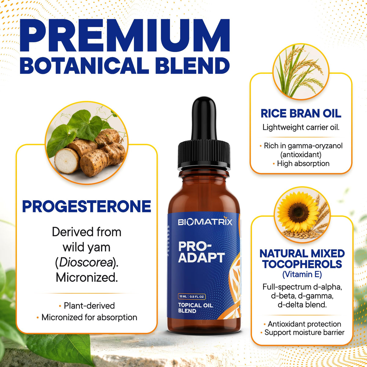 BioMatrix Huile Topique de Progestérone 15 mL sur surface en bois