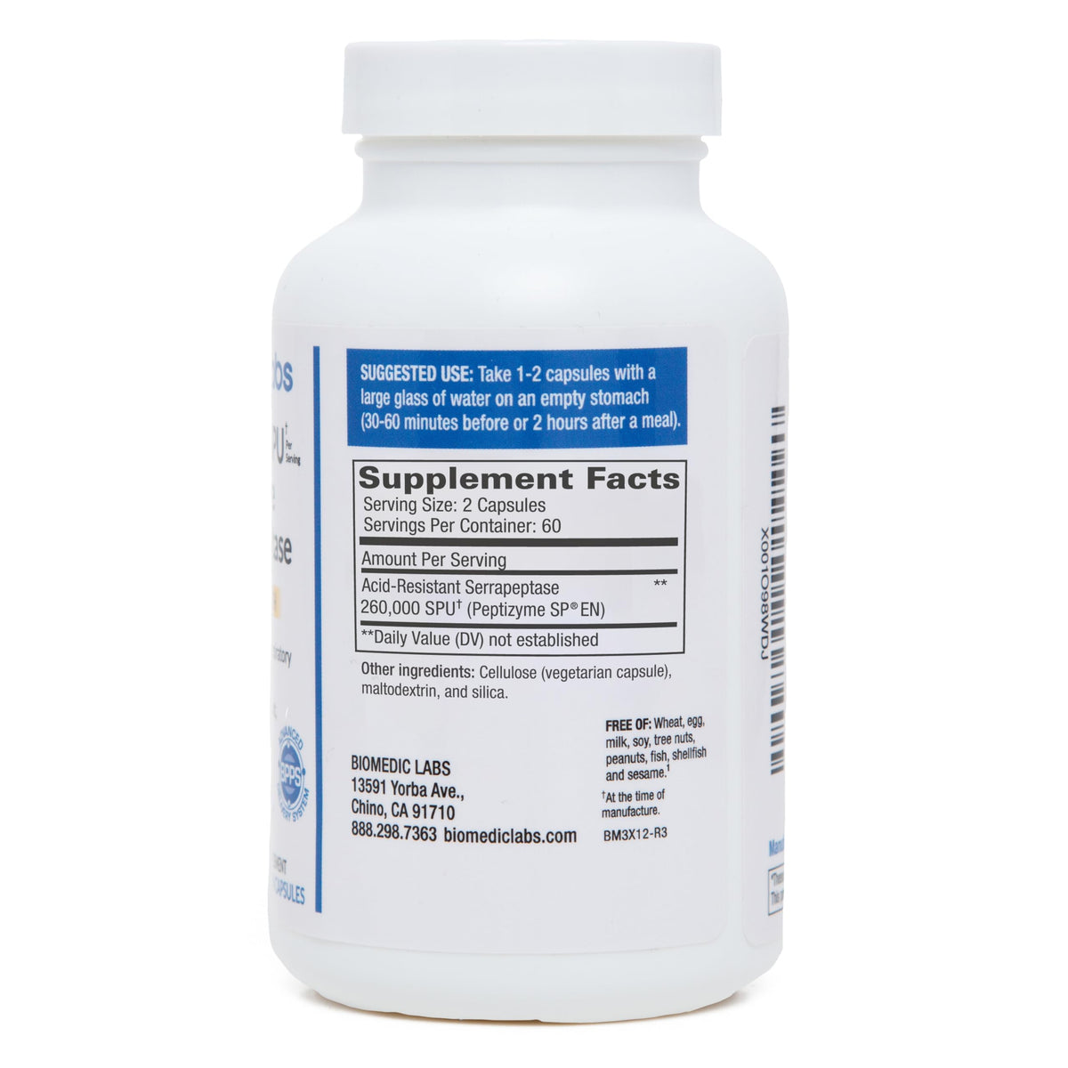 Biomedic Labs RX Serra-RX 260 000 SU Serrapeptase étiquette et informations