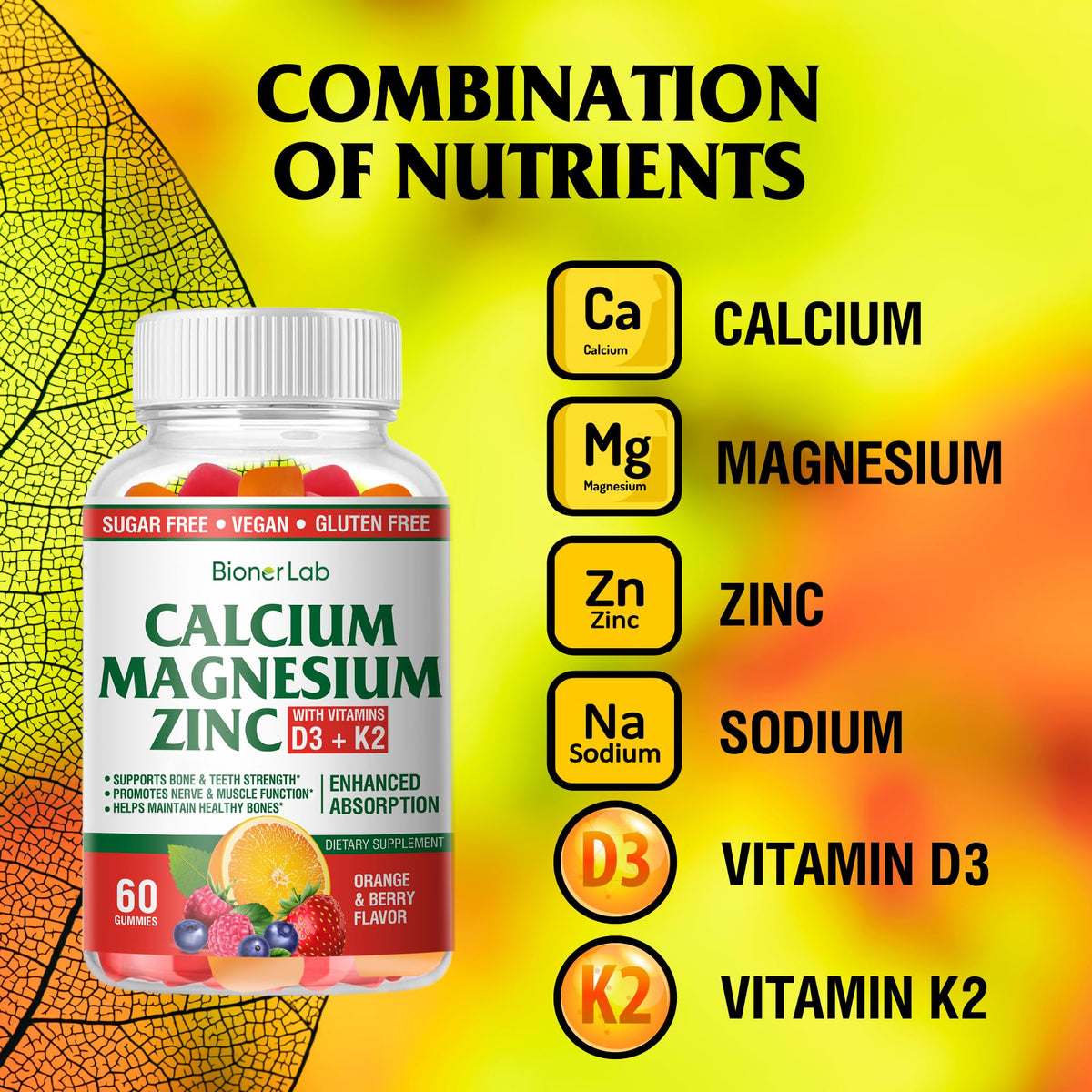 BionerLab Gummies Calcium Magnésium Zinc 200g à côté d'un verre d'eau