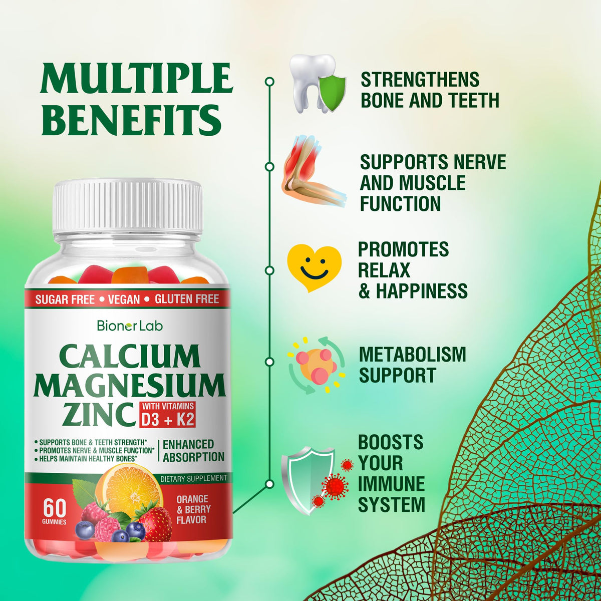 BionerLab Gummies Calcium Magnésium Zinc 200g arrière de l'emballage