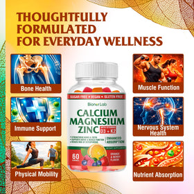 BionerLab Gummies Calcium Magnésium Zinc 200g avec des gummies sur une table