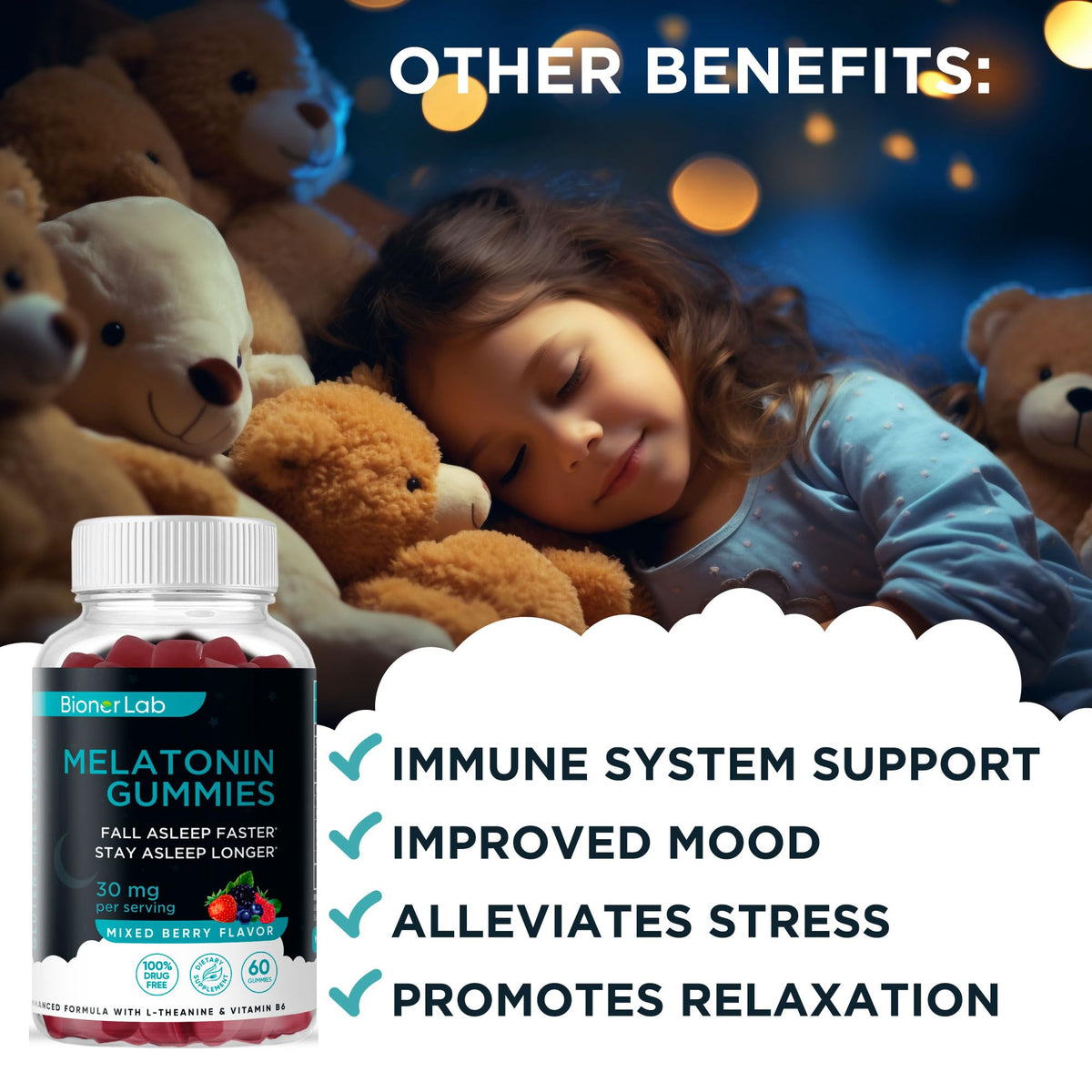 BionerLab Gummies de Mélatonine 30mg sur une table en bois