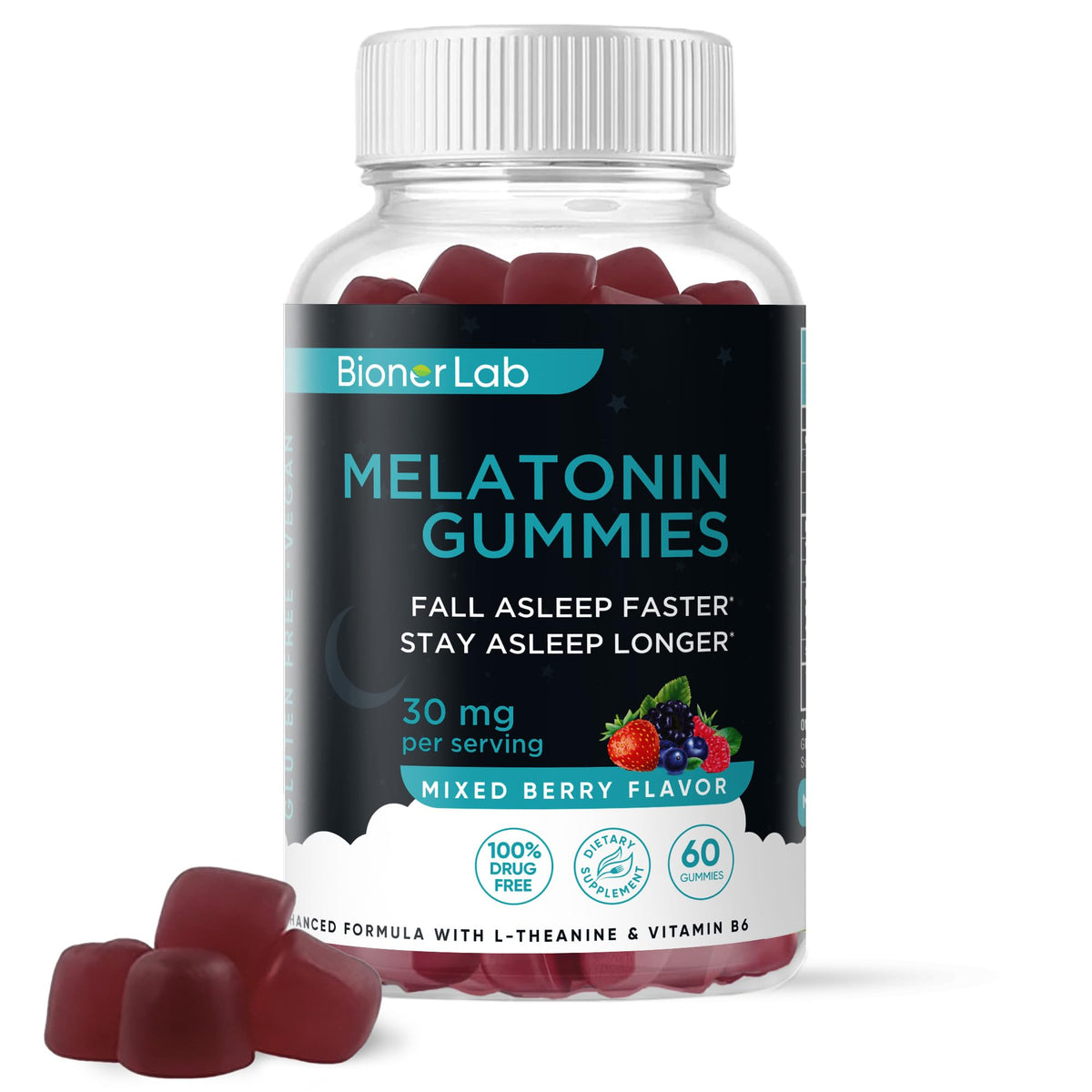 BionerLab Gummies de Mélatonine 30mg vue de face avec emballage